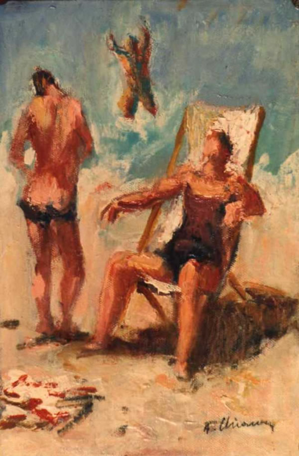 Sulla spiaggia, sd 1977, olio, cm 30x20, Caserta, collezione privata
